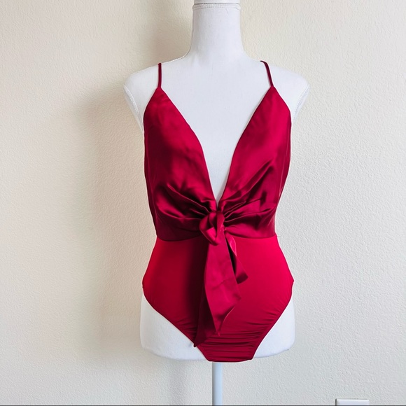 Showpo. In the Moonlight Wine Deep-V Satin Tie Tank Bodysuit - Picture 1 of 13